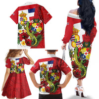 Hawaii And Tonga Family Matching Off The Shoulder Long Sleeve Dress and Hawaiian Shirt King Kalakaua Tribal Gecko Tongan Ngatu