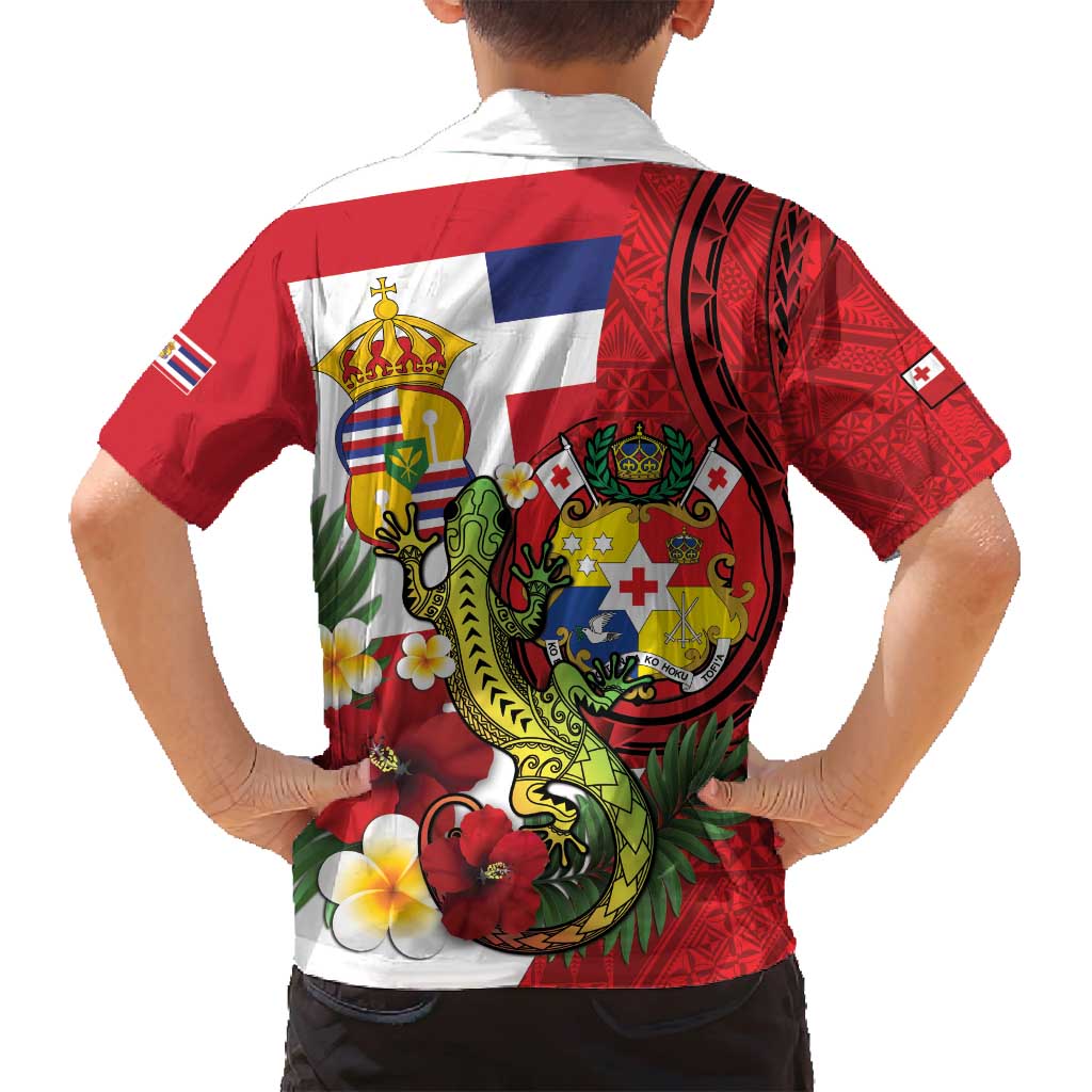 Hawaii And Tonga Family Matching Off Shoulder Short Dress and Hawaiian Shirt King Kalakaua Tribal Gecko Tongan Ngatu