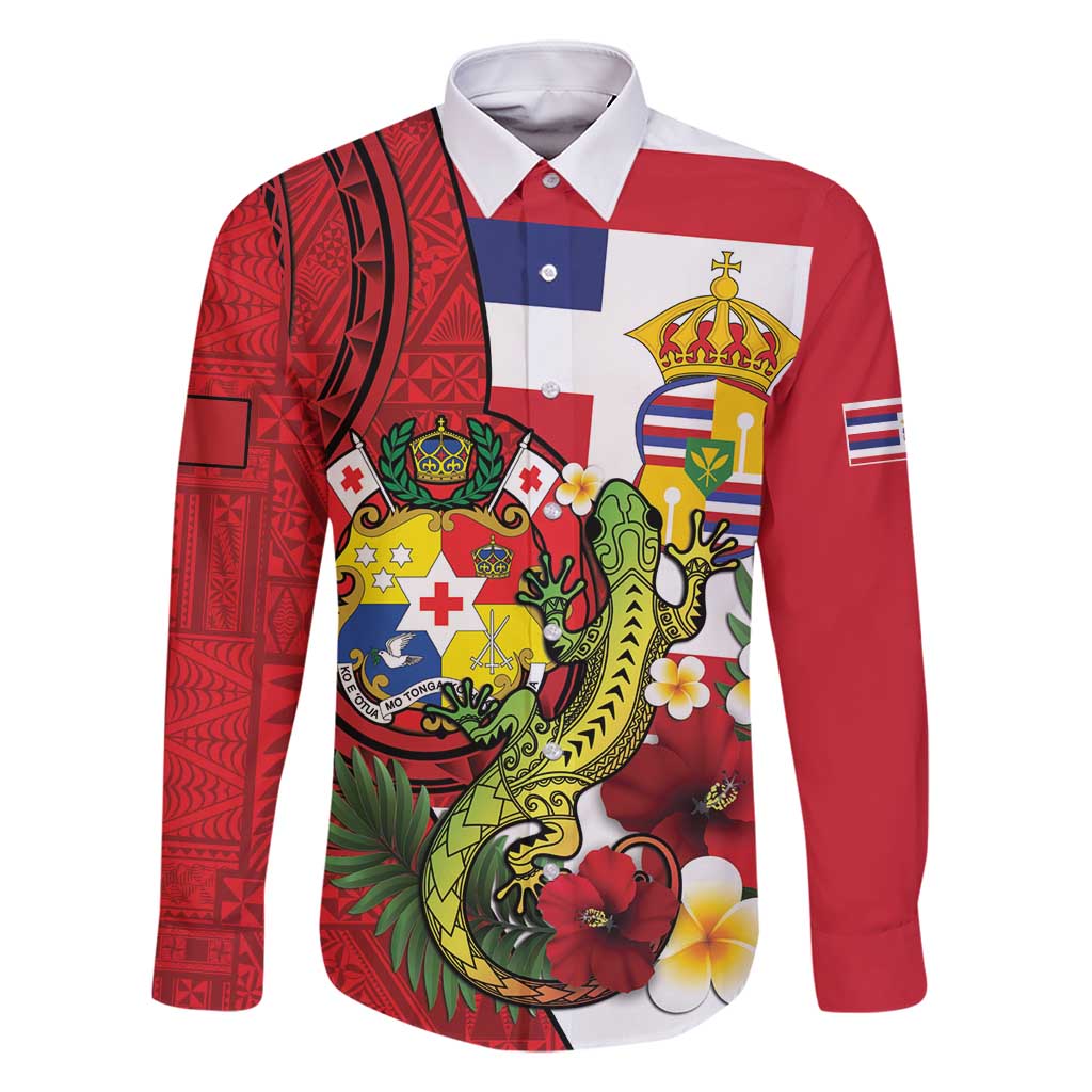 Hawaii And Tonga Family Matching Off Shoulder Short Dress and Hawaiian Shirt King Kalakaua Tribal Gecko Tongan Ngatu