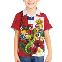 Hawaii And Tonga Family Matching Off Shoulder Short Dress and Hawaiian Shirt King Kalakaua Tribal Gecko Tongan Ngatu