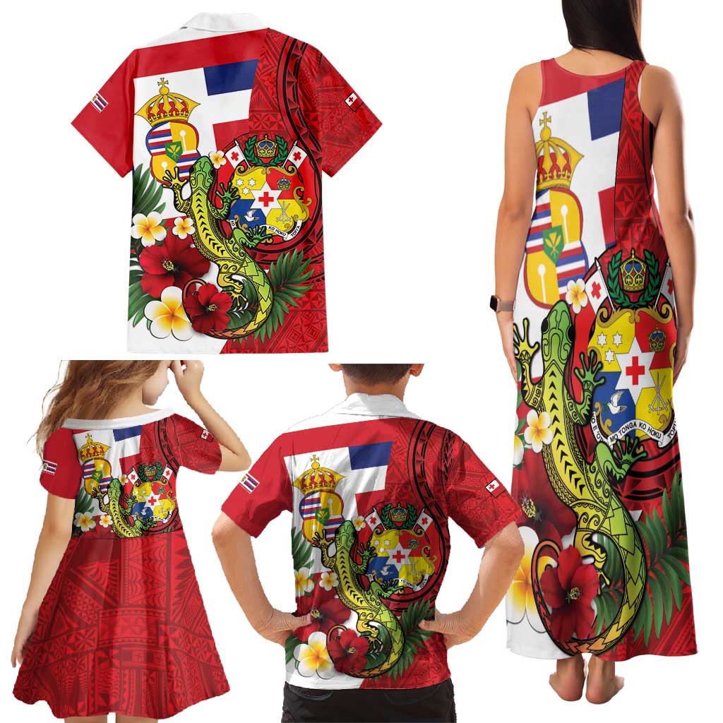 Hawaii And Tonga Family Matching Tank Maxi Dress and Hawaiian Shirt King Kalakaua Tribal Gecko Tongan Ngatu