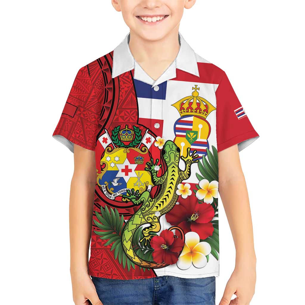 Hawaii And Tonga Kid Hawaiian Shirt King Kalakaua Tribal Gecko Tongan Ngatu