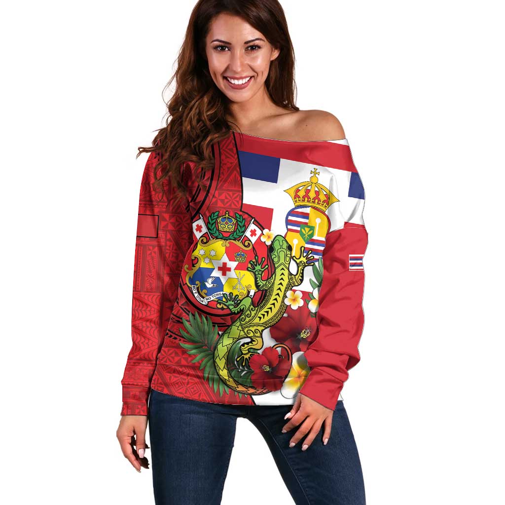 Hawaii And Tonga Off Shoulder Sweater King Kalakaua Tribal Gecko Tongan Ngatu