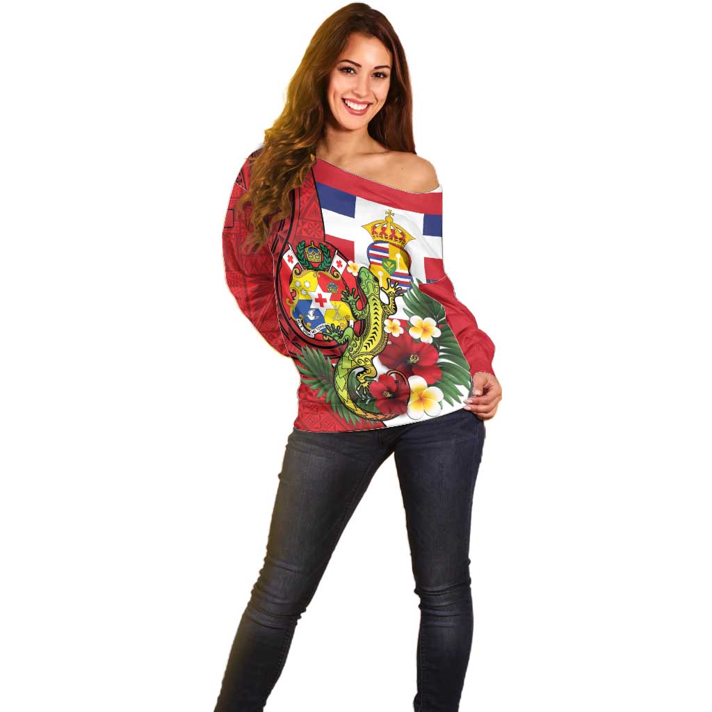 Hawaii And Tonga Off Shoulder Sweater King Kalakaua Tribal Gecko Tongan Ngatu