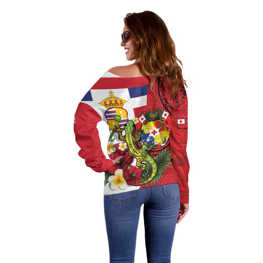 Hawaii And Tonga Off Shoulder Sweater King Kalakaua Tribal Gecko Tongan Ngatu