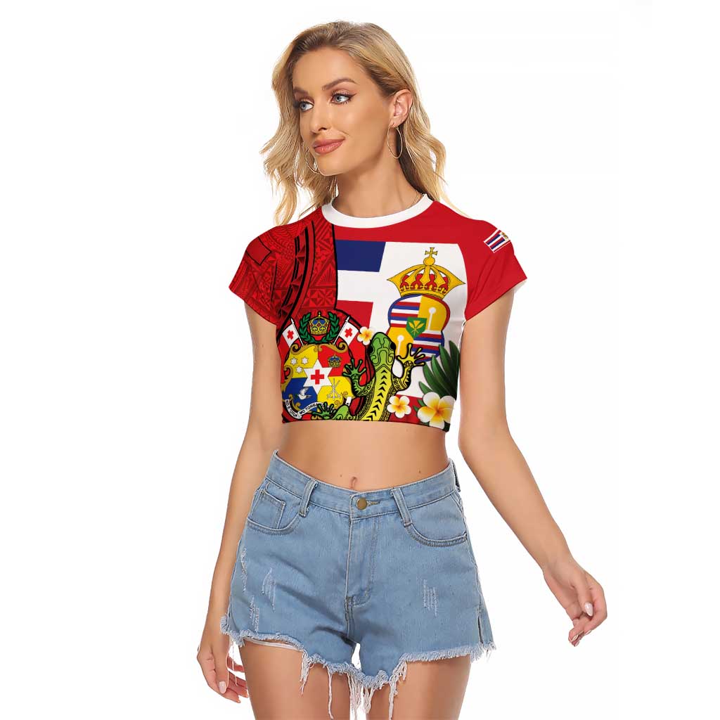 Hawaii And Tonga Raglan Cropped T Shirt King Kalakaua Tribal Gecko Tongan Ngatu LT14 Female Red - Polynesian Pride