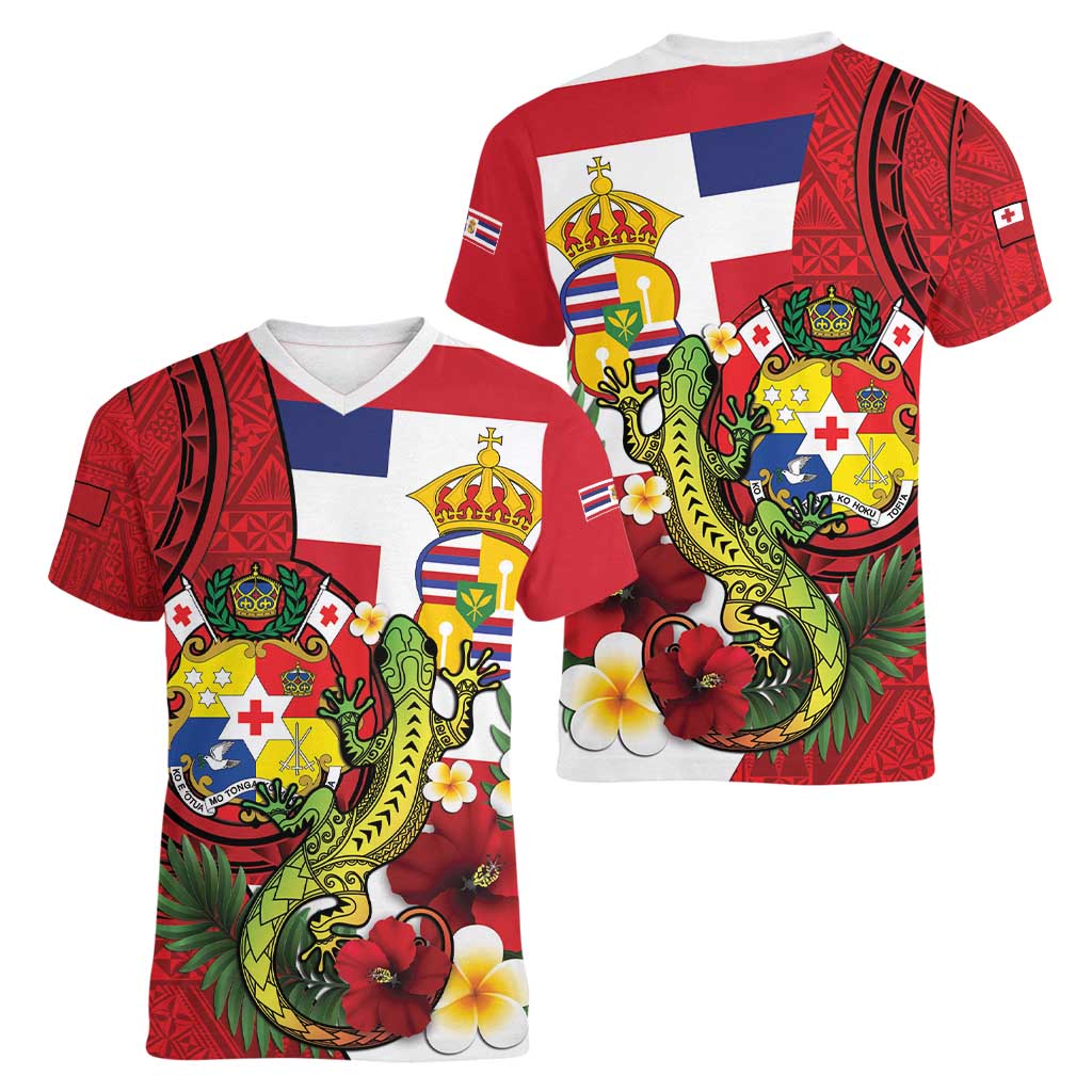 Hawaii And Tonga Women V-Neck T-Shirt King Kalakaua Tribal Gecko Tongan Ngatu