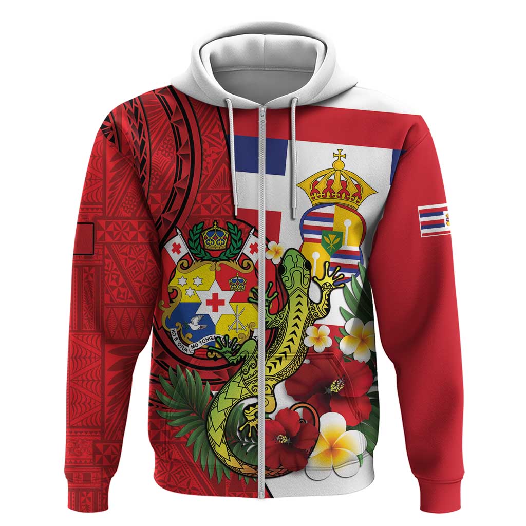 Hawaii And Tonga Zip Hoodie King Kalakaua Tribal Gecko Tongan Ngatu LT14 Zip Hoodie Red - Polynesian Pride