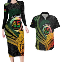 Personalised Vanuatu Independence Day Couples Matching Long Sleeve Bodycon Dress and Hawaiian Shirt July 30 Pig Tusk Long God Yumi Stanap