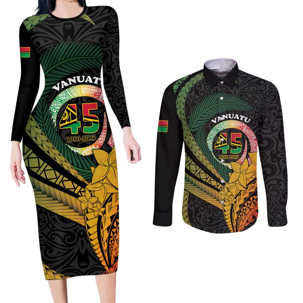 Personalised Vanuatu Independence Day Couples Matching Long Sleeve Bodycon Dress and Long Sleeve Button Shirt July 30 Pig Tusk Long God Yumi Stanap