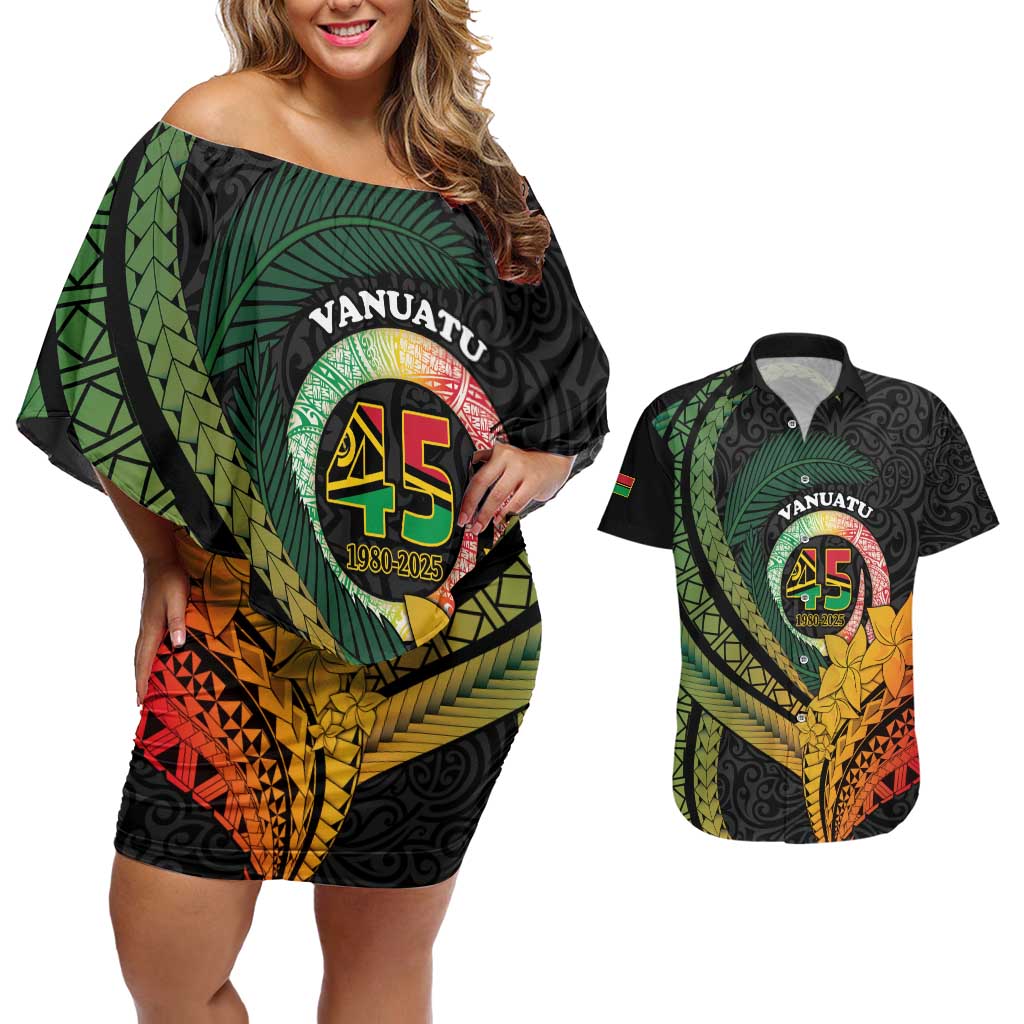 Personalised Vanuatu Independence Day Couples Matching Off Shoulder Short Dress and Hawaiian Shirt July 30 Pig Tusk Long God Yumi Stanap