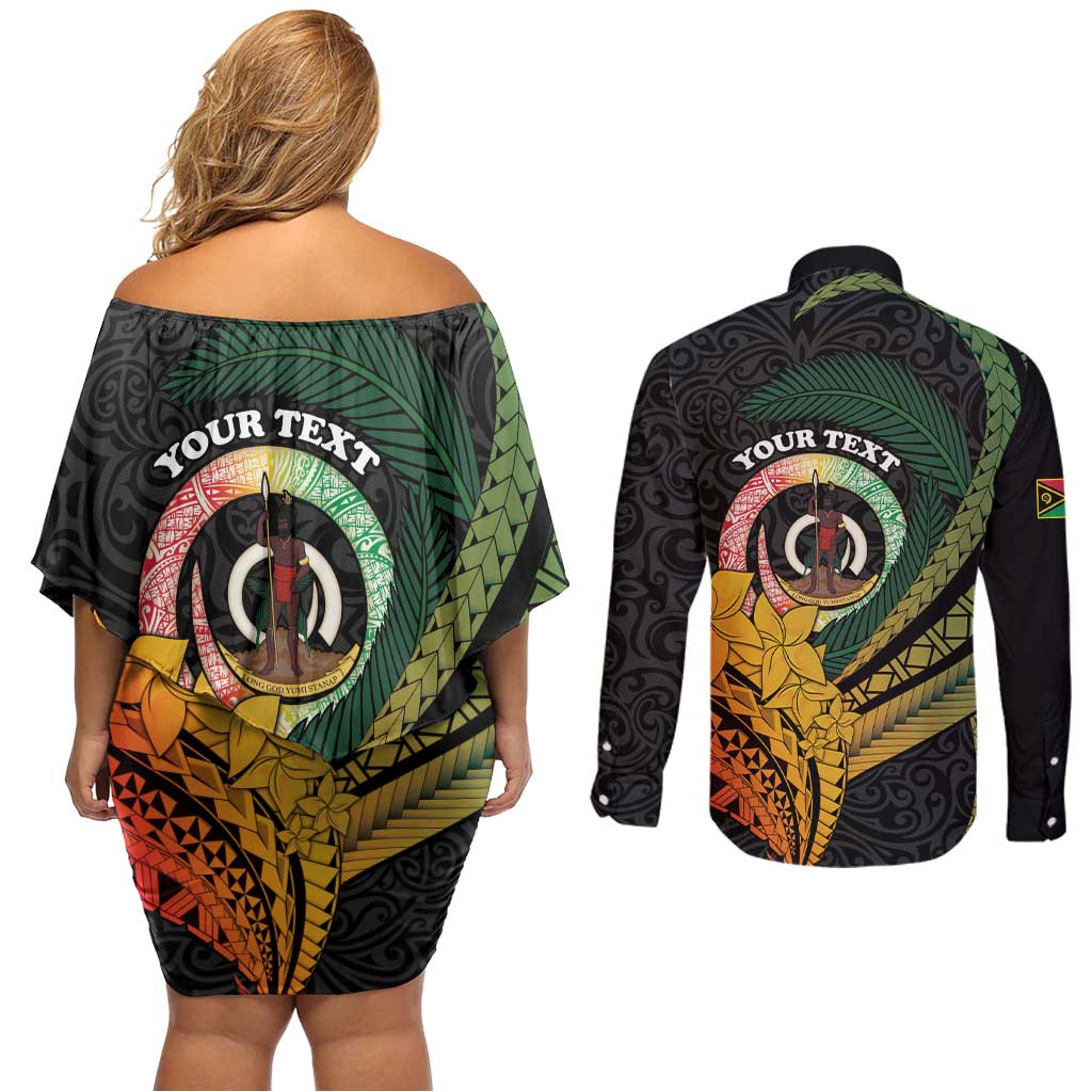 Personalised Vanuatu Independence Day Couples Matching Off Shoulder Short Dress and Long Sleeve Button Shirt July 30 Pig Tusk Long God Yumi Stanap