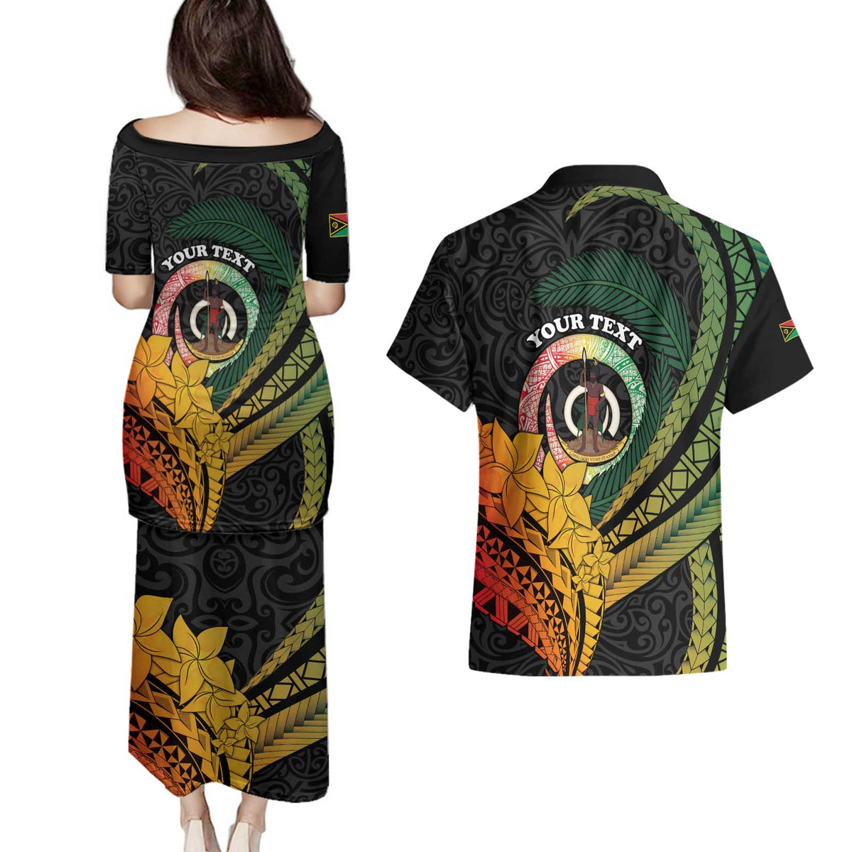 Personalised Vanuatu Independence Day Couples Matching Puletasi and Hawaiian Shirt July 30 Pig Tusk Long God Yumi Stanap