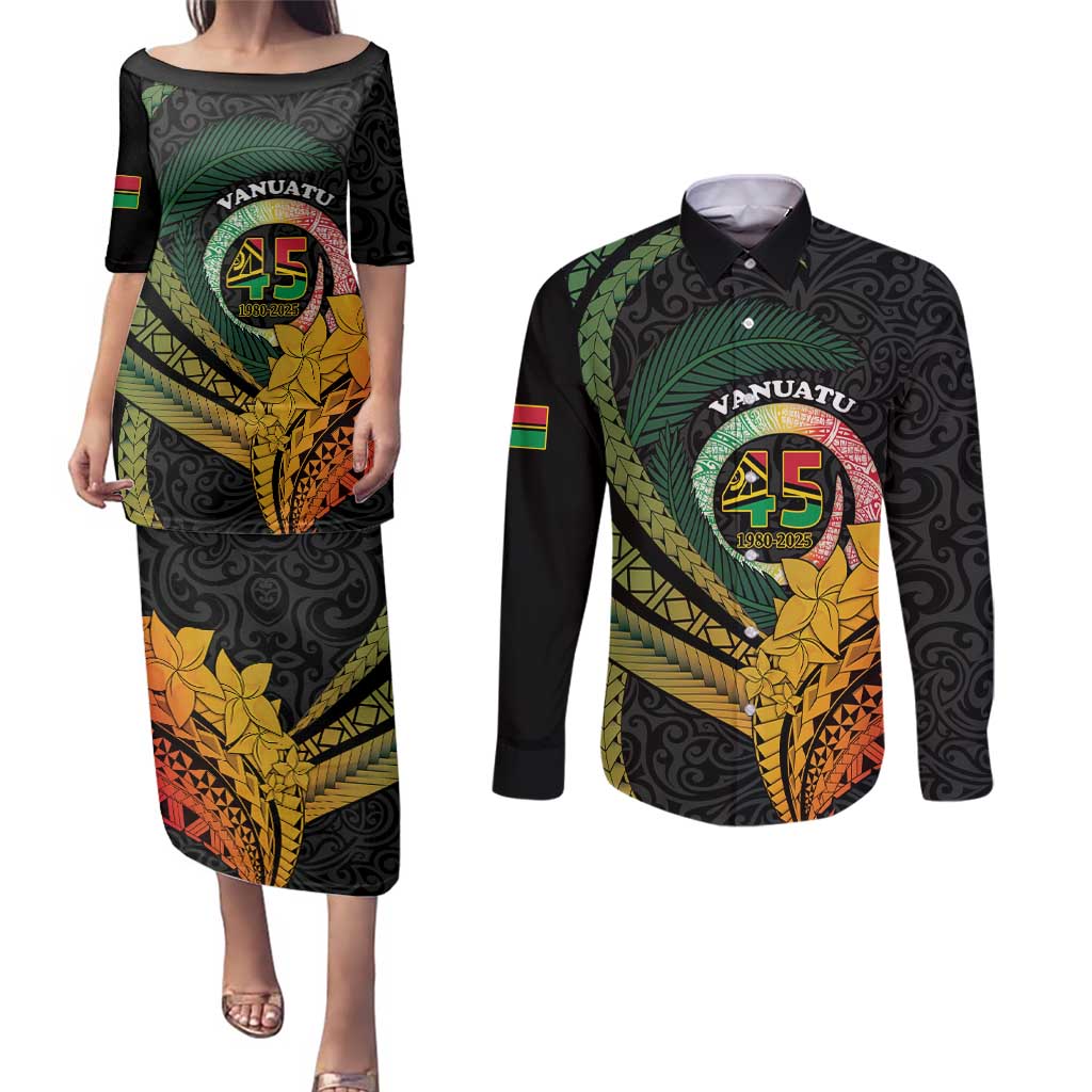 Personalised Vanuatu Independence Day Couples Matching Puletasi and Long Sleeve Button Shirt July 30 Pig Tusk Long God Yumi Stanap