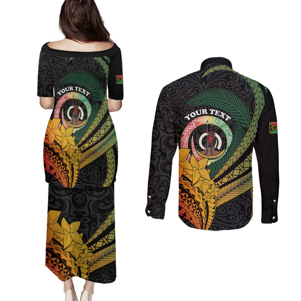 Personalised Vanuatu Independence Day Couples Matching Puletasi and Long Sleeve Button Shirt July 30 Pig Tusk Long God Yumi Stanap