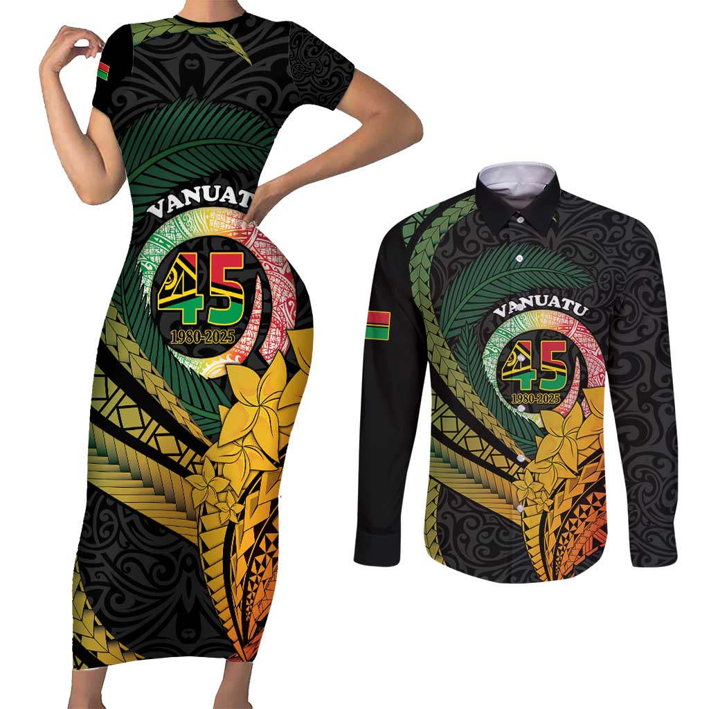 Personalised Vanuatu Independence Day Couples Matching Short Sleeve Bodycon Dress and Long Sleeve Button Shirt July 30 Pig Tusk Long God Yumi Stanap