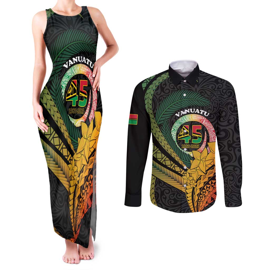 Personalised Vanuatu Independence Day Couples Matching Tank Maxi Dress and Long Sleeve Button Shirt July 30 Pig Tusk Long God Yumi Stanap