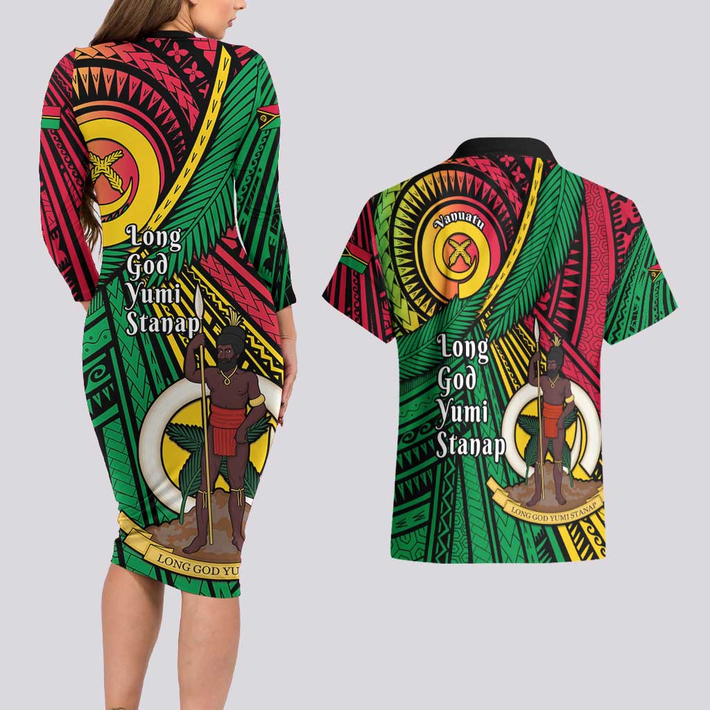 Halo Vanuatu Couples Matching Long Sleeve Bodycon Dress and Hawaiian Shirt Happy 45th Independence Anniversary