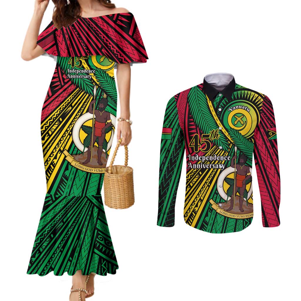 Halo Vanuatu Couples Matching Mermaid Dress and Long Sleeve Button Shirt Happy 45th Independence Anniversary
