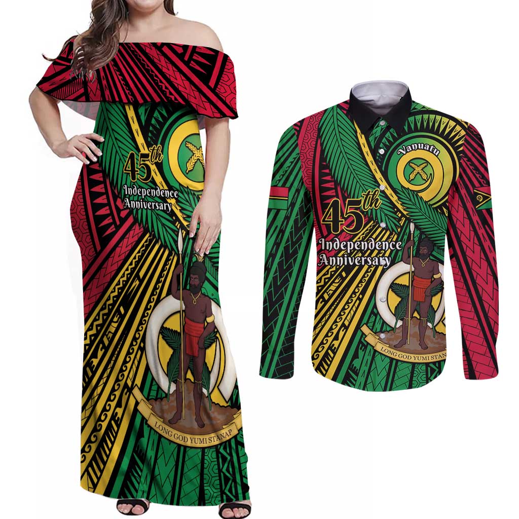 Halo Vanuatu Couples Matching Off Shoulder Maxi Dress and Long Sleeve Button Shirt Happy 45th Independence Anniversary