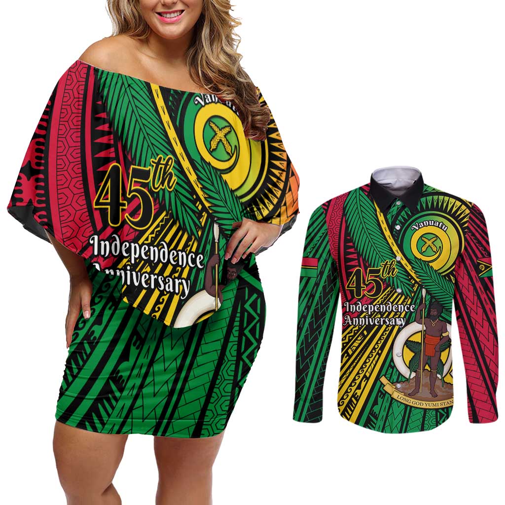Halo Vanuatu Couples Matching Off Shoulder Short Dress and Long Sleeve Button Shirt Happy 45th Independence Anniversary