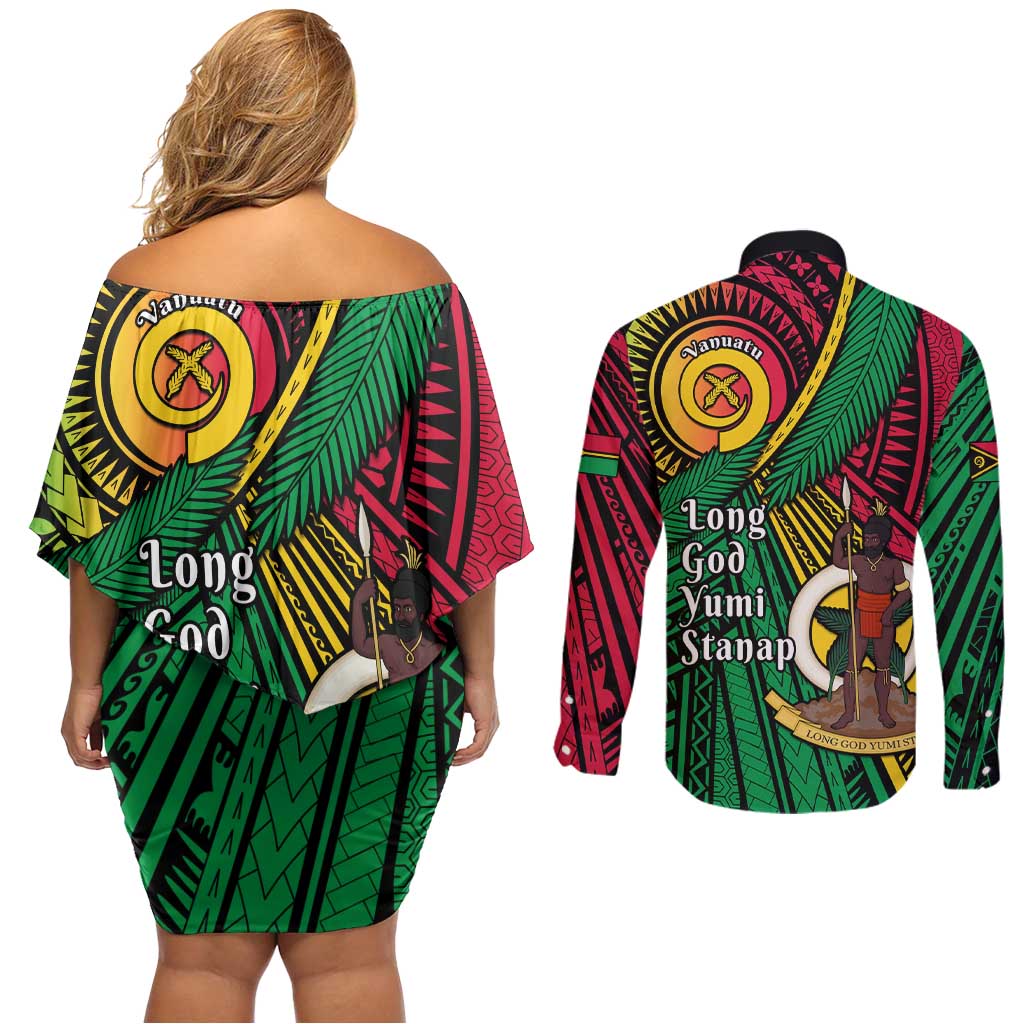 Halo Vanuatu Couples Matching Off Shoulder Short Dress and Long Sleeve Button Shirt Happy 45th Independence Anniversary