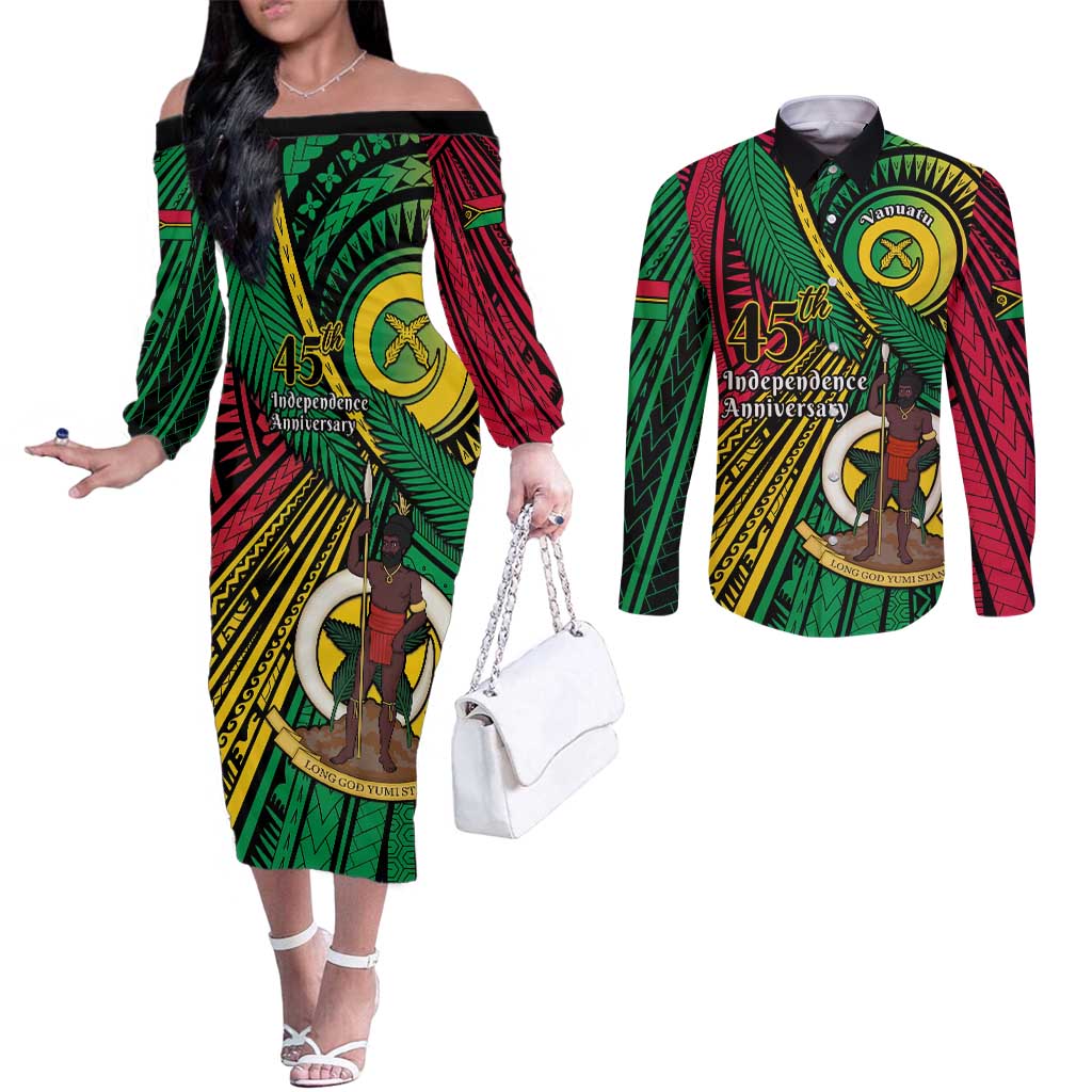 Halo Vanuatu Couples Matching Off The Shoulder Long Sleeve Dress and Long Sleeve Button Shirt Happy 45th Independence Anniversary