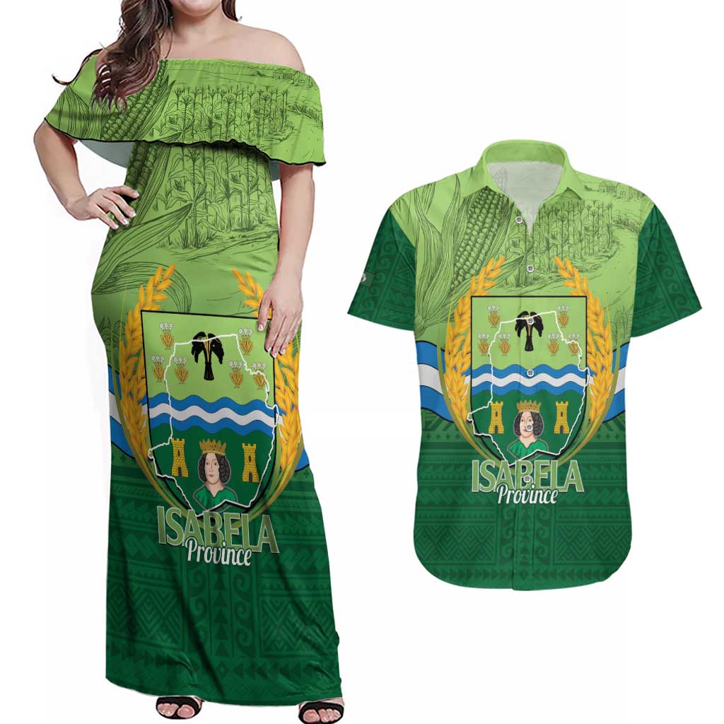 Isabela Philippines Couples Matching Off Shoulder Maxi Dress and Hawaiian Shirt Queen Province Of The North LT14 Green - Polynesian Pride