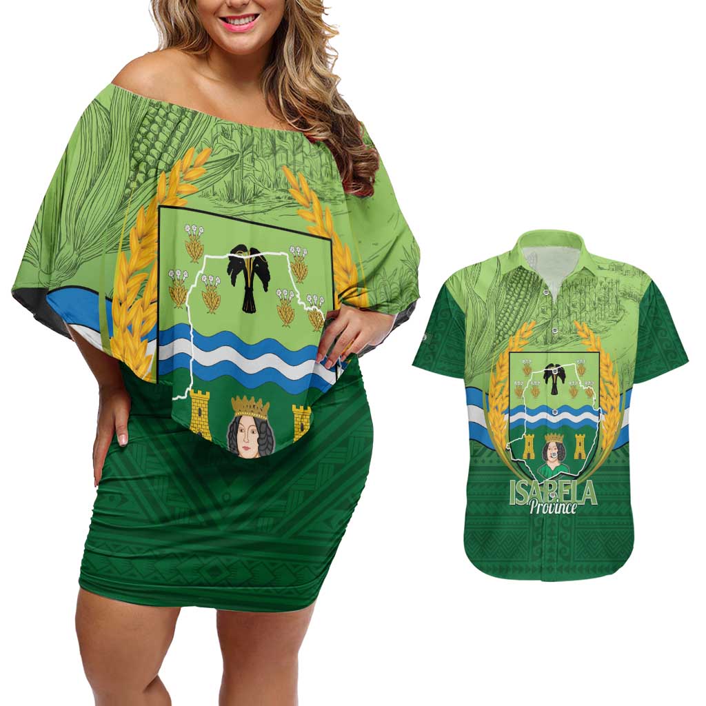 Isabela Philippines Couples Matching Off Shoulder Short Dress and Hawaiian Shirt Queen Province Of The North LT14 Green - Polynesian Pride