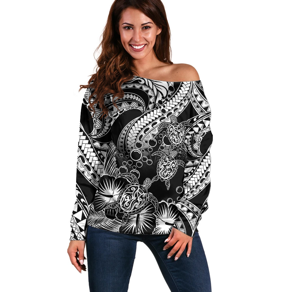Personalised Polynesian Off Shoulder Sweater Tribal Honu Turtle with Hibiscus White Version LT14 Women White - Polynesian Pride