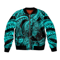 Personalised Polynesian Bomber Jacket Tribal Honu Turtle with Hibiscus Turquoise Version LT14 Unisex Turquoise - Polynesian Pride