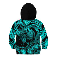 Personalised Polynesian Kid Hoodie Tribal Honu Turtle with Hibiscus Turquoise Version LT14 - Polynesian Pride