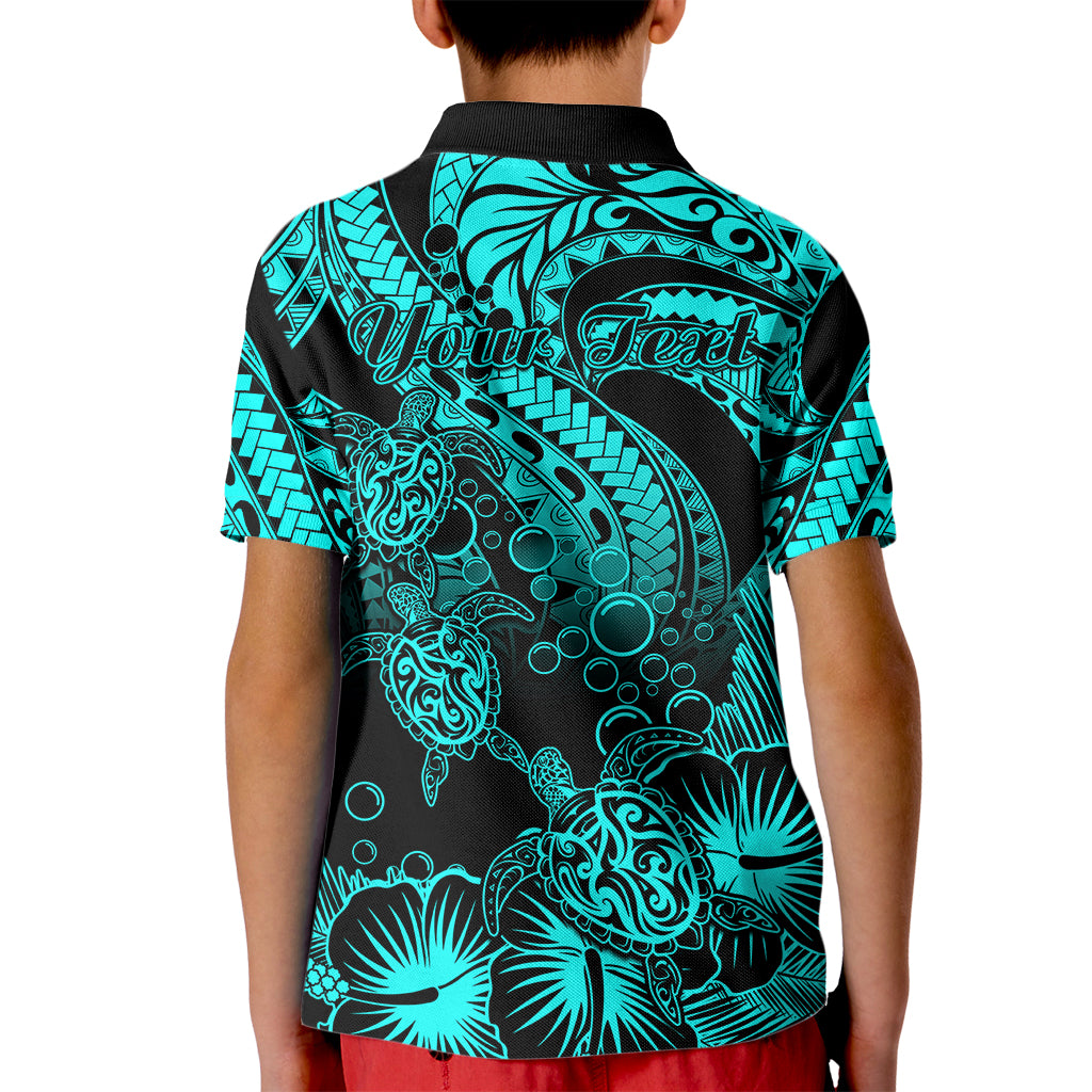 Personalised Polynesian Kid Polo Shirt Tribal Honu Turtle with Hibiscus Turquoise Version LT14 - Polynesian Pride