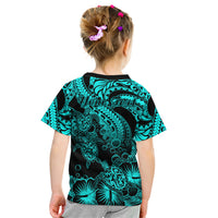 Personalised Polynesian Kid T Shirt Tribal Honu Turtle with Hibiscus Turquoise Version LT14 - Polynesian Pride