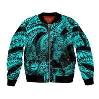 Personalised Polynesian Sleeve Zip Bomber Jacket Tribal Honu Turtle with Hibiscus Turquoise Version LT14 Unisex Turquoise - Polynesian Pride