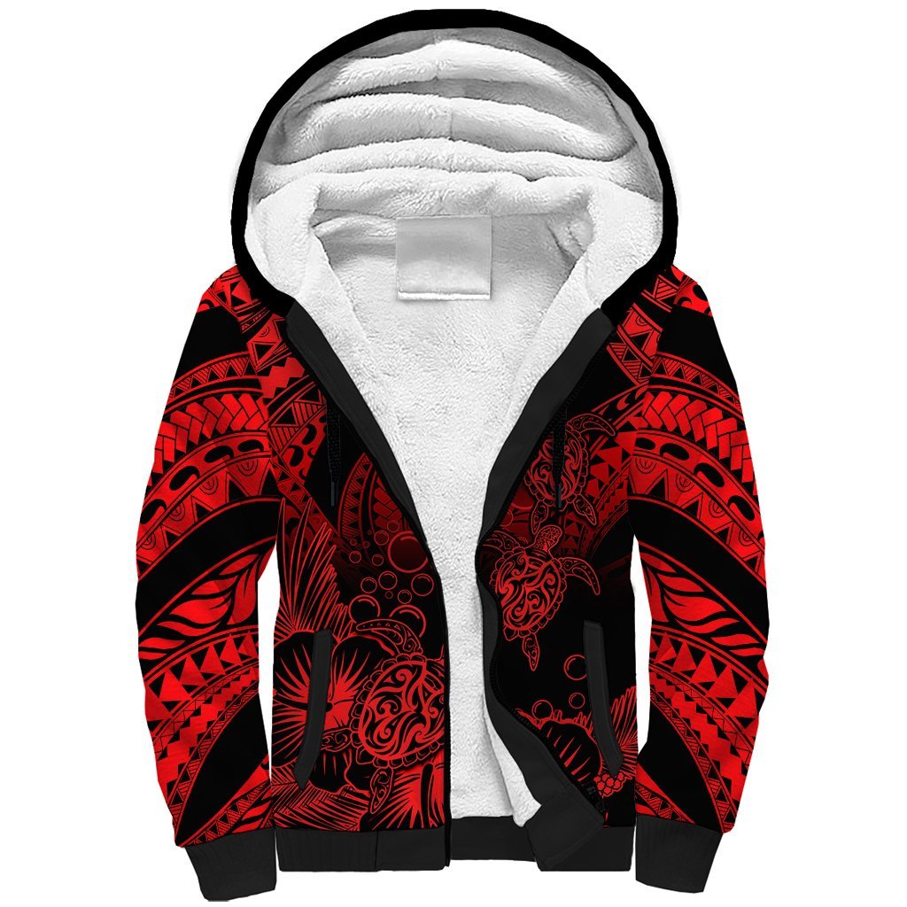 Personalised Polynesian Sherpa Hoodie Tribal Honu Turtle with Hibiscus Red Version LT14 Unisex Red - Polynesian Pride
