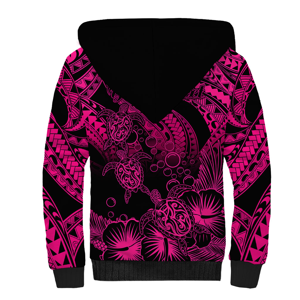 Personalised Polynesian Sherpa Hoodie Tribal Honu Turtle with Hibiscus Pink Version LT14 - Polynesian Pride