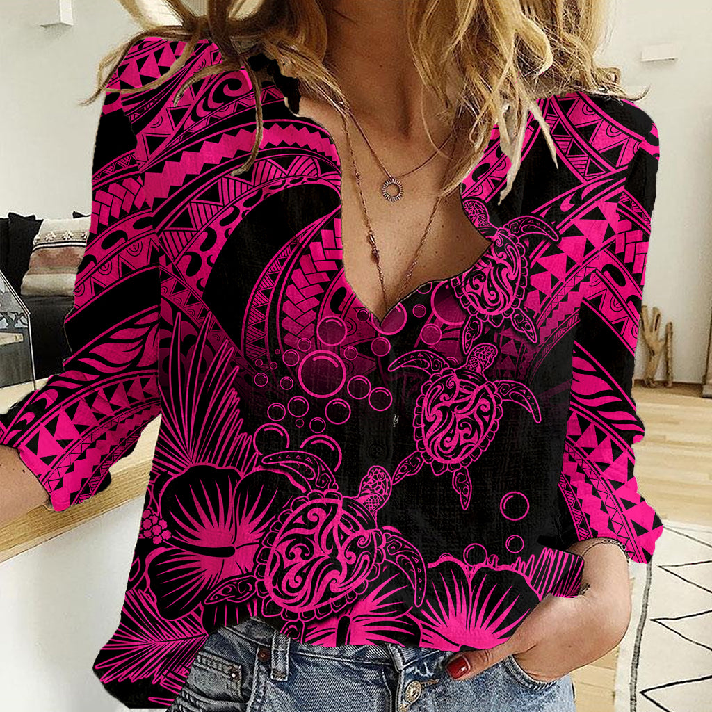 Personalised Polynesian Women Casual Shirt Tribal Honu Turtle with Hibiscus Pink Version LT14 Female Pink - Polynesian Pride