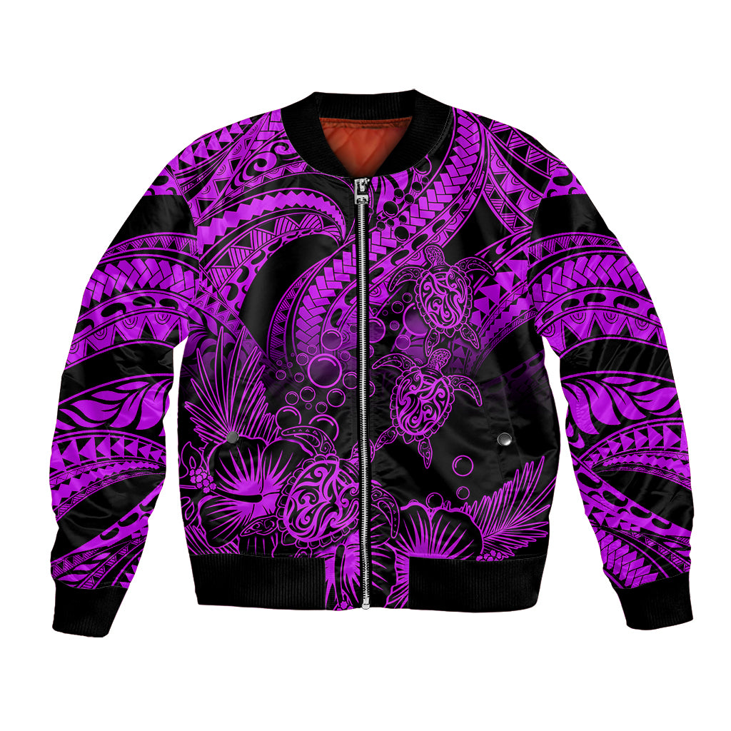 Personalised Polynesian Bomber Jacket Tribal Honu Turtle with Hibiscus Purple Version LT14 Unisex Purple - Polynesian Pride