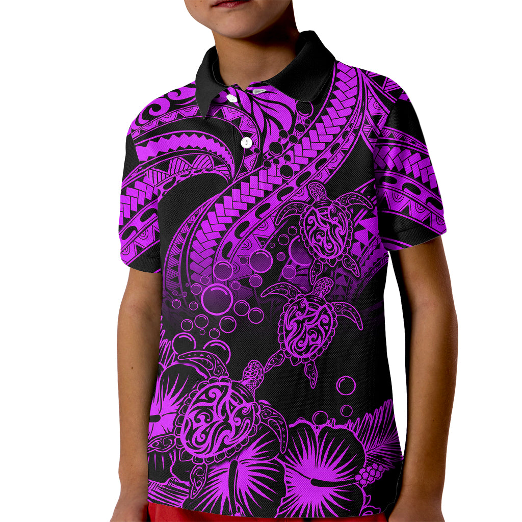 Personalised Polynesian Kid Polo Shirt Tribal Honu Turtle with Hibiscus Purple Version LT14 Kid Purple - Polynesian Pride