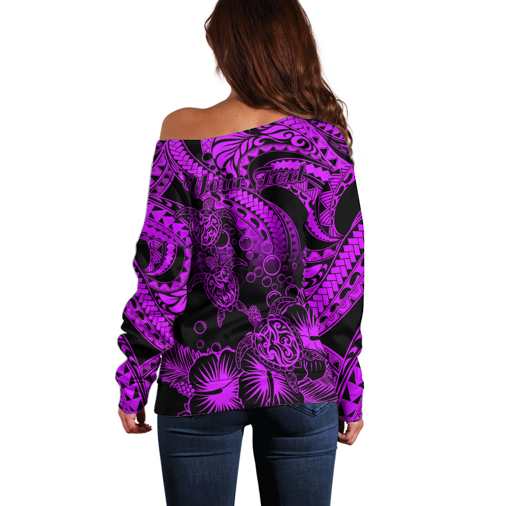 Personalised Polynesian Off Shoulder Sweater Tribal Honu Turtle with Hibiscus Purple Version LT14 - Polynesian Pride