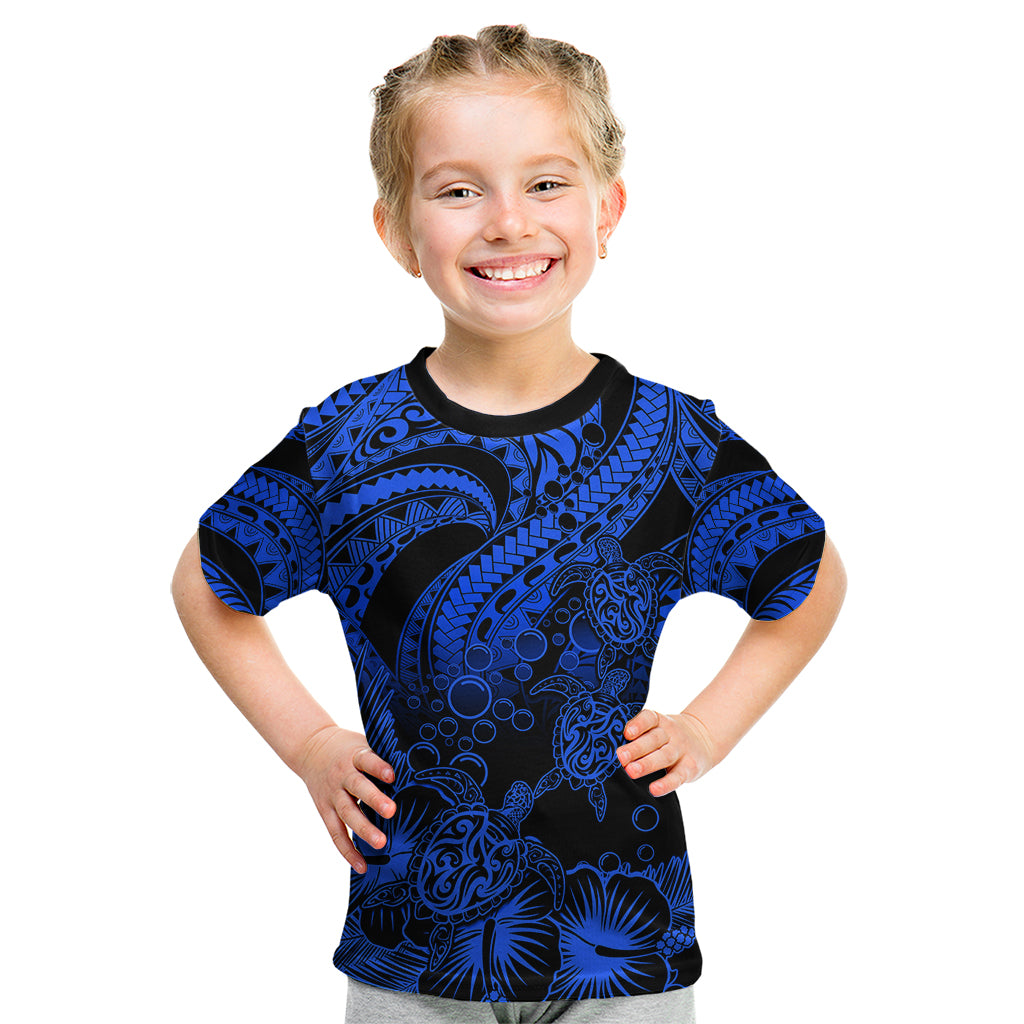Personalised Polynesian Kid T Shirt Tribal Honu Turtle with Hibiscus Blue Version LT14 Blue - Polynesian Pride