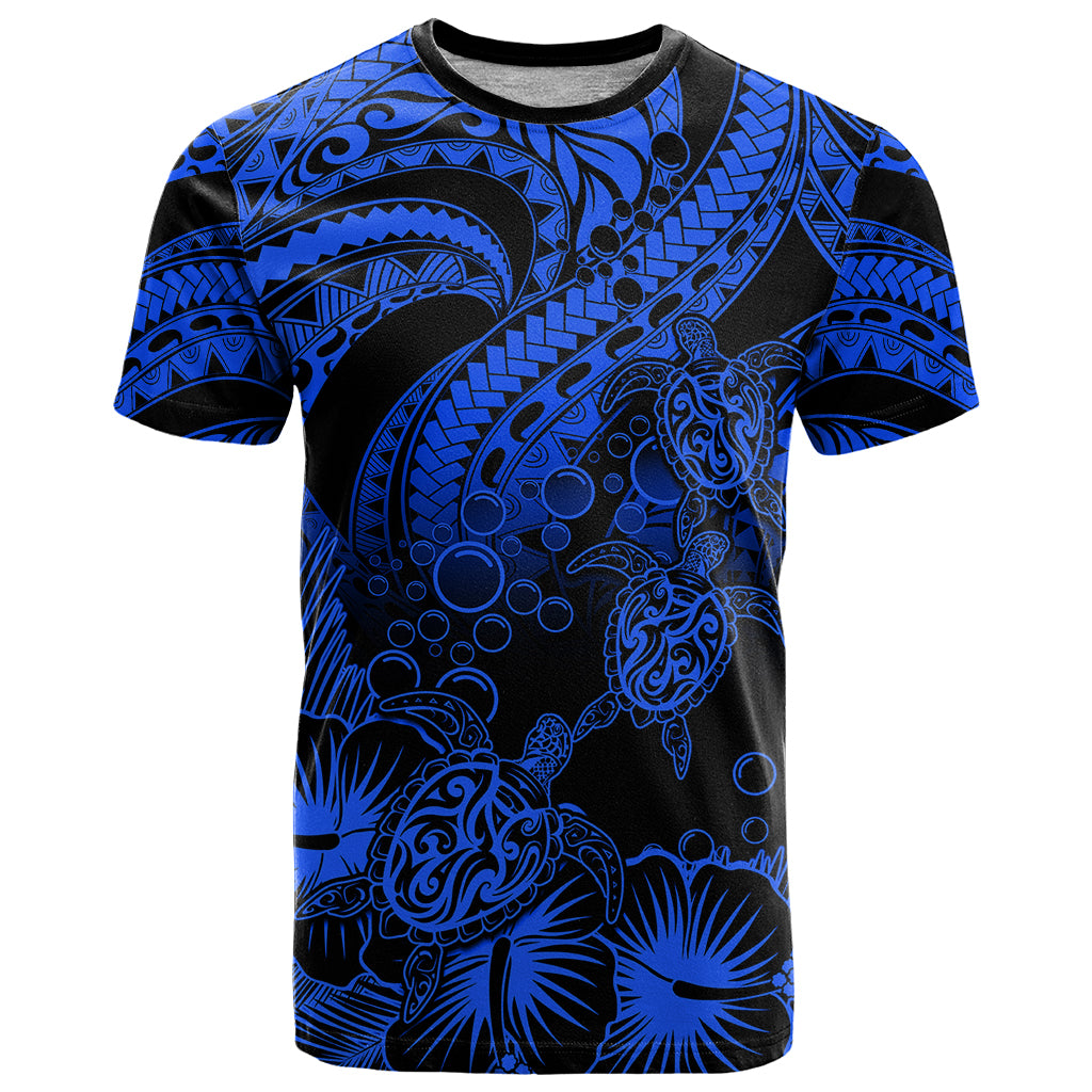 Custom Polynesian T Shirt Tribal Honu Turtle with Hibiscus Blue Version LT14 Blue - Polynesian Pride