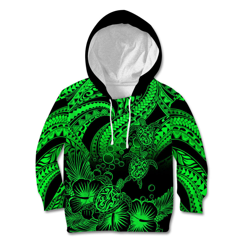 Personalised Polynesian Kid Hoodie Tribal Honu Turtle with Hibiscus Green Version LT14 Hoodie Green - Polynesian Pride
