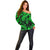 Personalised Polynesian Off Shoulder Sweater Tribal Honu Turtle with Hibiscus Green Version LT14 - Polynesian Pride