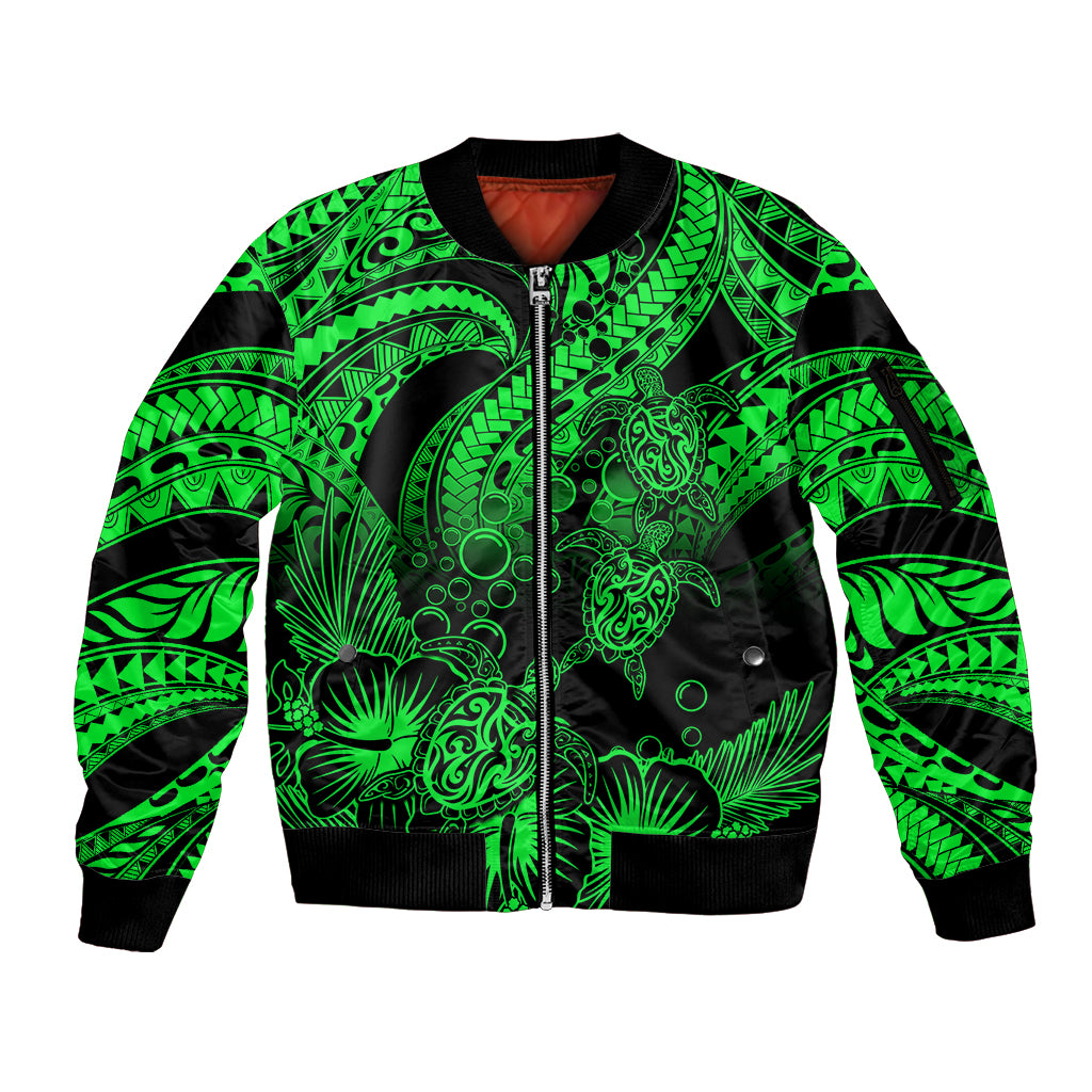 Personalised Polynesian Sleeve Zip Bomber Jacket Tribal Honu Turtle with Hibiscus Green Version LT14 Unisex Green - Polynesian Pride