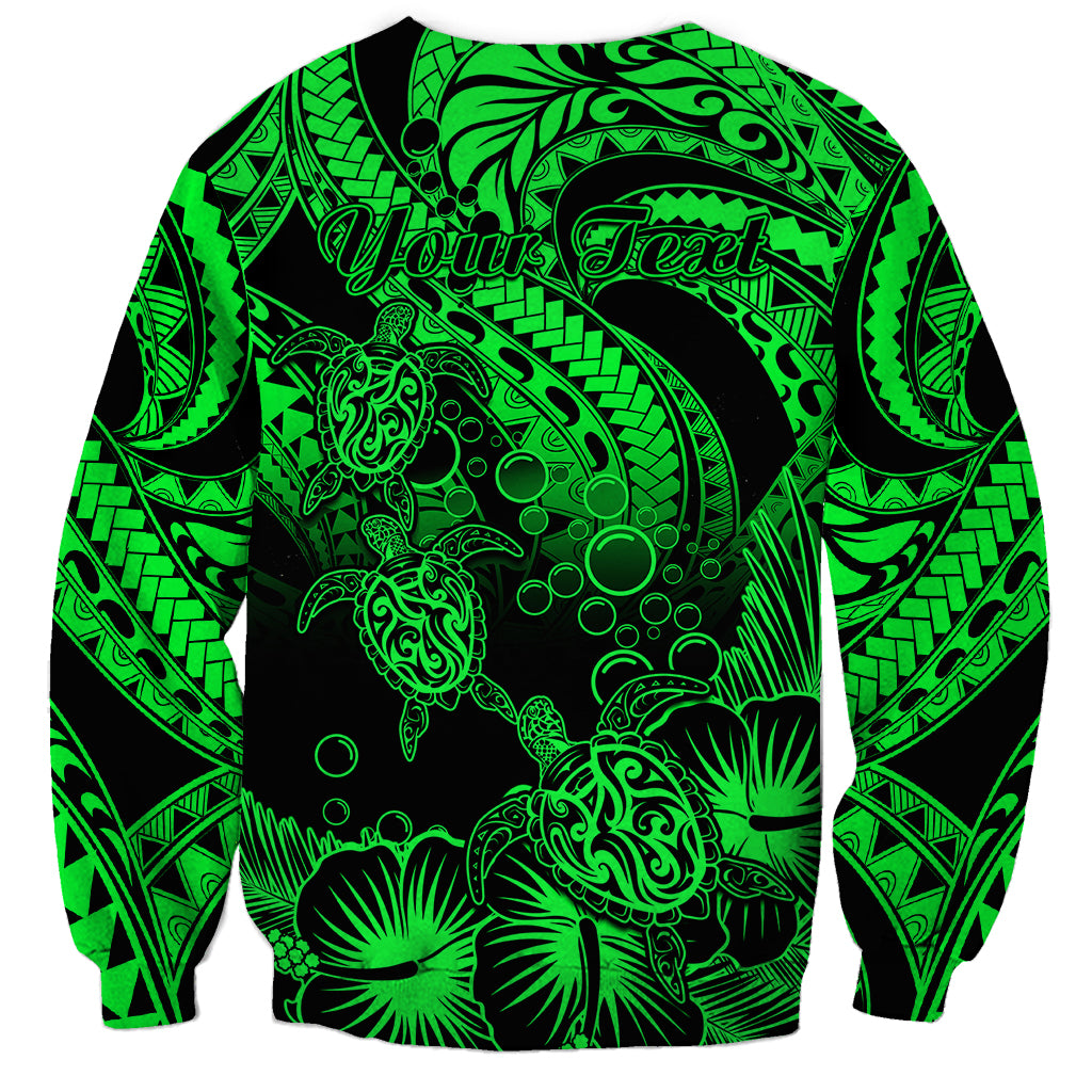 Personalised Polynesian Sweatshirt Tribal Honu Turtle with Hibiscus Green Version LT14 - Polynesian Pride