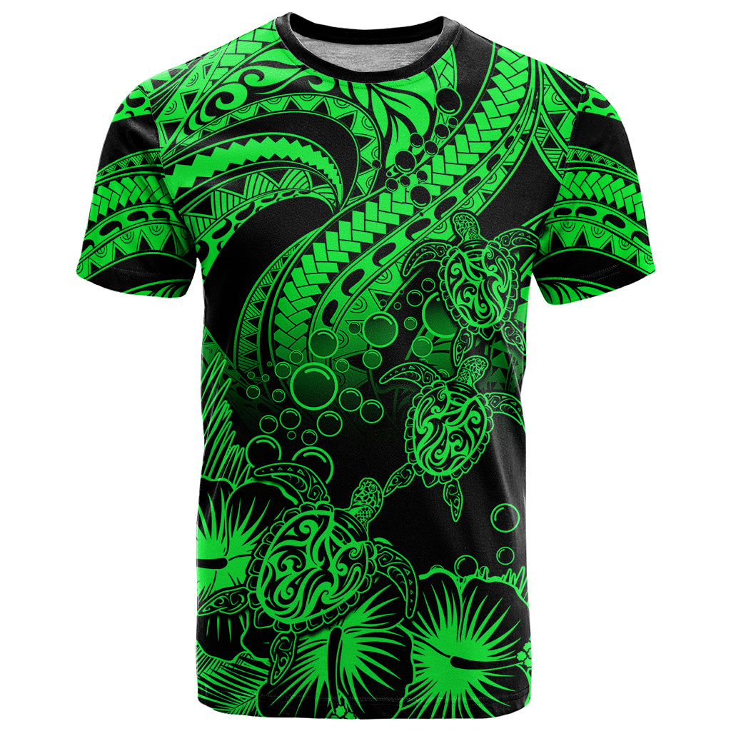 Custom Polynesian T Shirt Tribal Honu Turtle with Hibiscus Green Version LT14 Green - Polynesian Pride