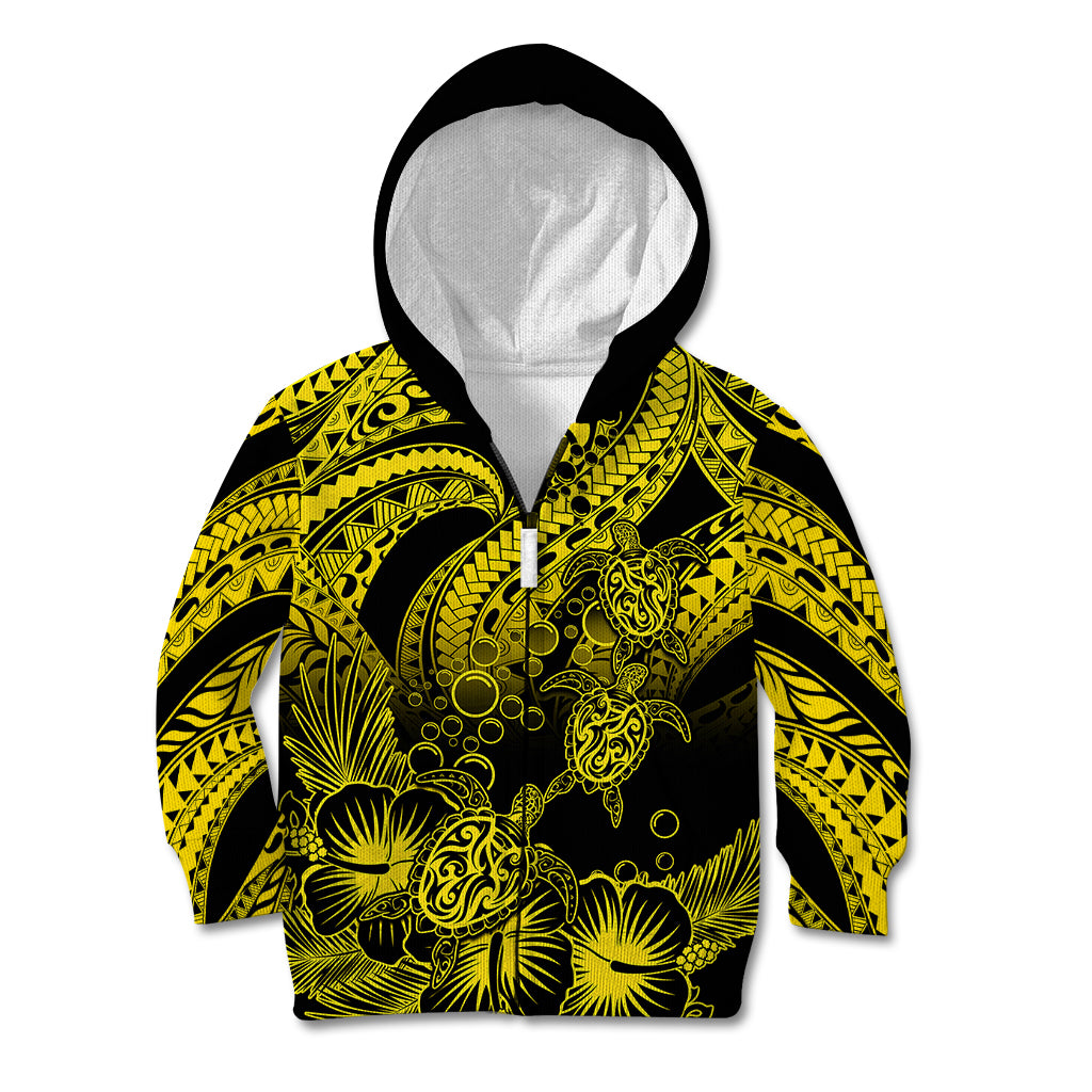 Personalised Polynesian Kid Hoodie Tribal Honu Turtle with Hibiscus Gold Version LT14 Zip Hoodie Gold - Polynesian Pride