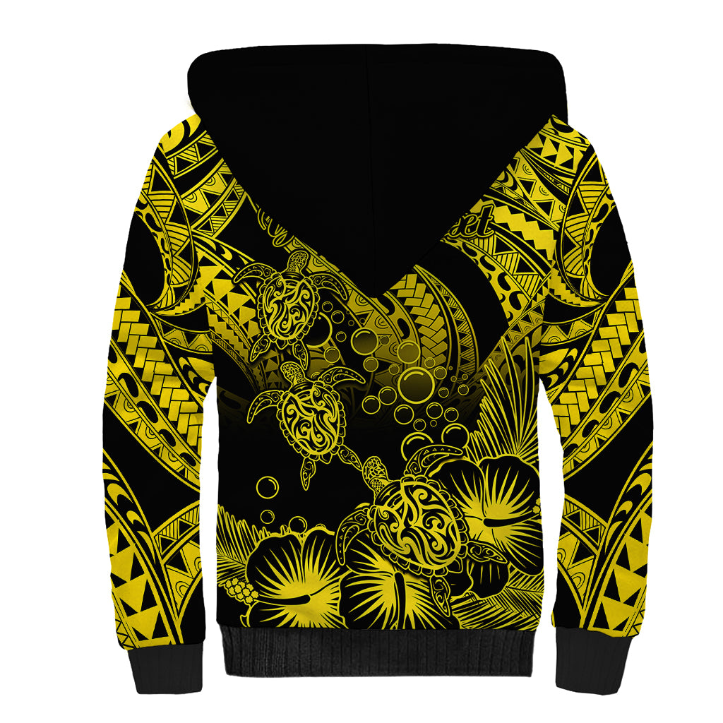 Personalised Polynesian Sherpa Hoodie Tribal Honu Turtle with Hibiscus Gold Version LT14 - Polynesian Pride